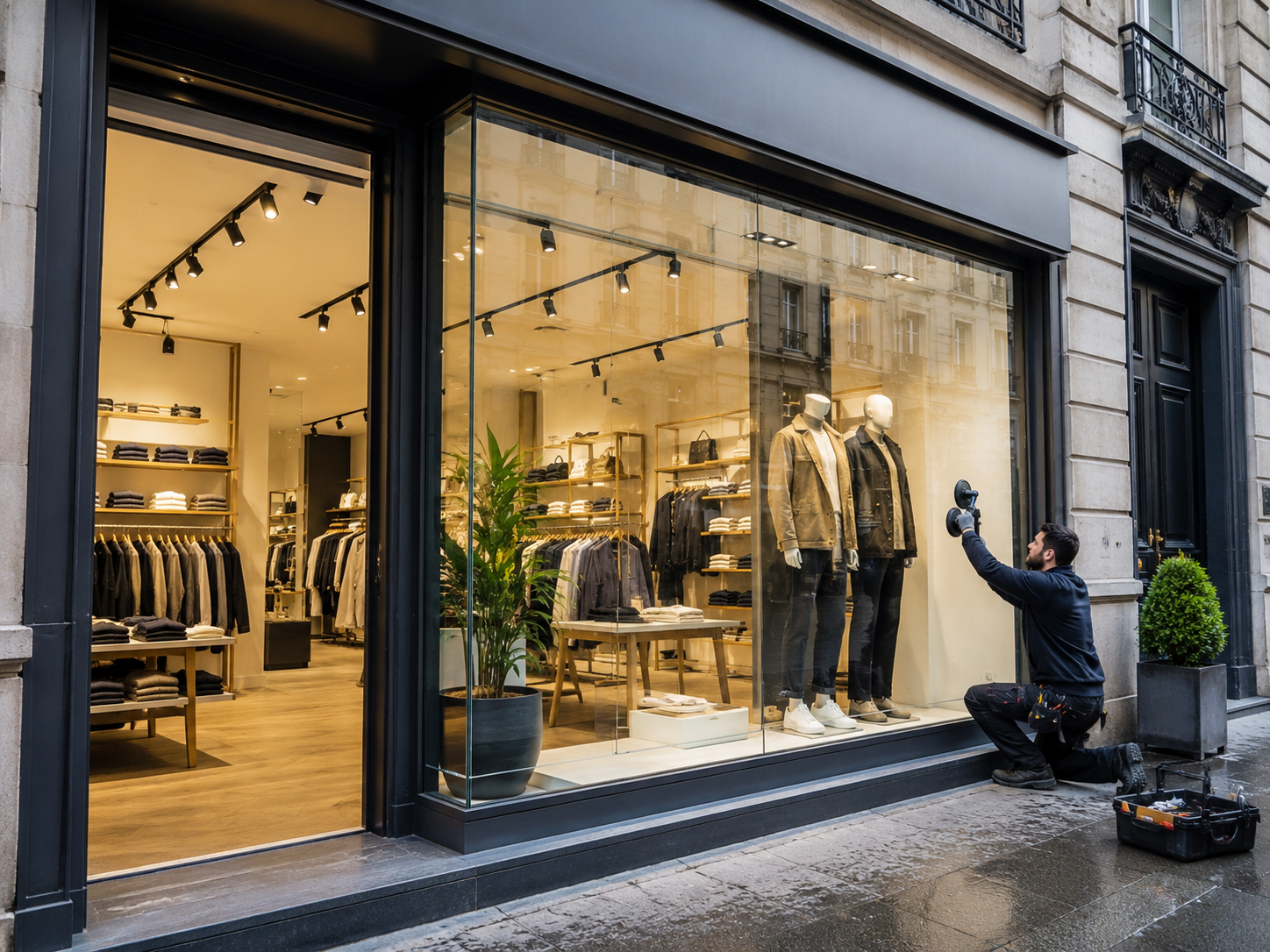 Vitrine de magasin cassée présentant un risque d’intrusion et de vandalisme