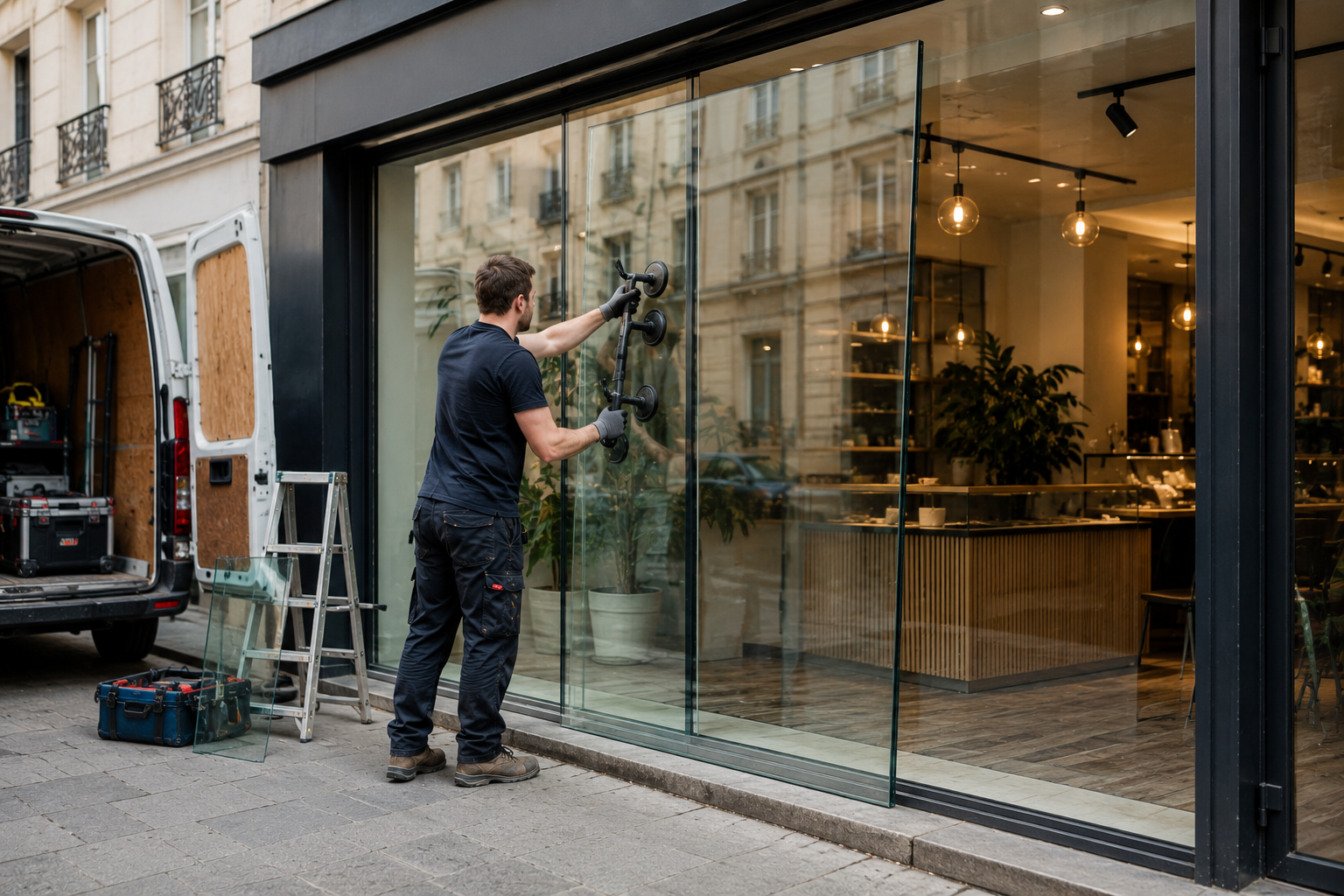 Remplacement d’une vitrine de magasin par un vitrier professionnel à Paris