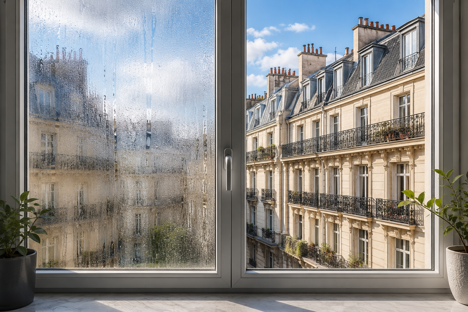 Fenêtre en double vitrage montrant un contraste entre une vitre embuée et une vitre claire après remplacement, avec vue sur des immeubles parisiens.