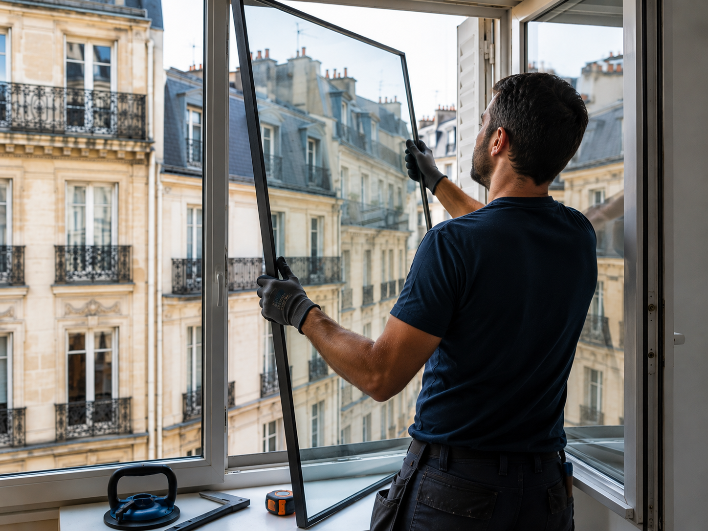 Vitrier réalisant le remplacement d’un double vitrage sur une fenêtre à Paris
