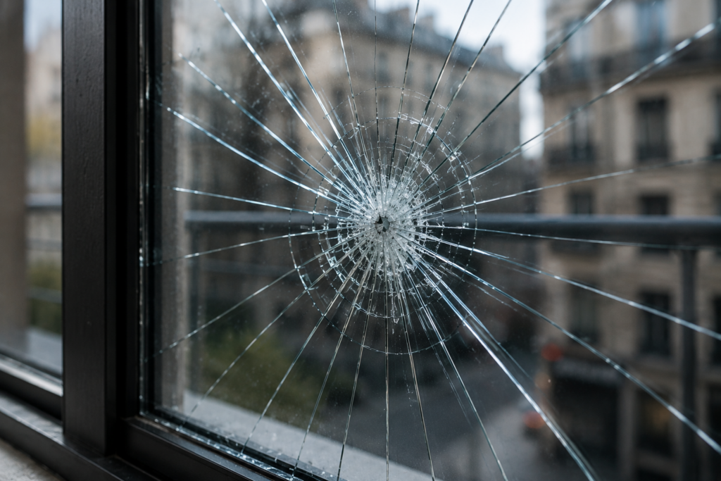 Vitre fissurée avant intervention de remplacement Gros plan sur une vitre fissurée nécessitant un remplacement rapide