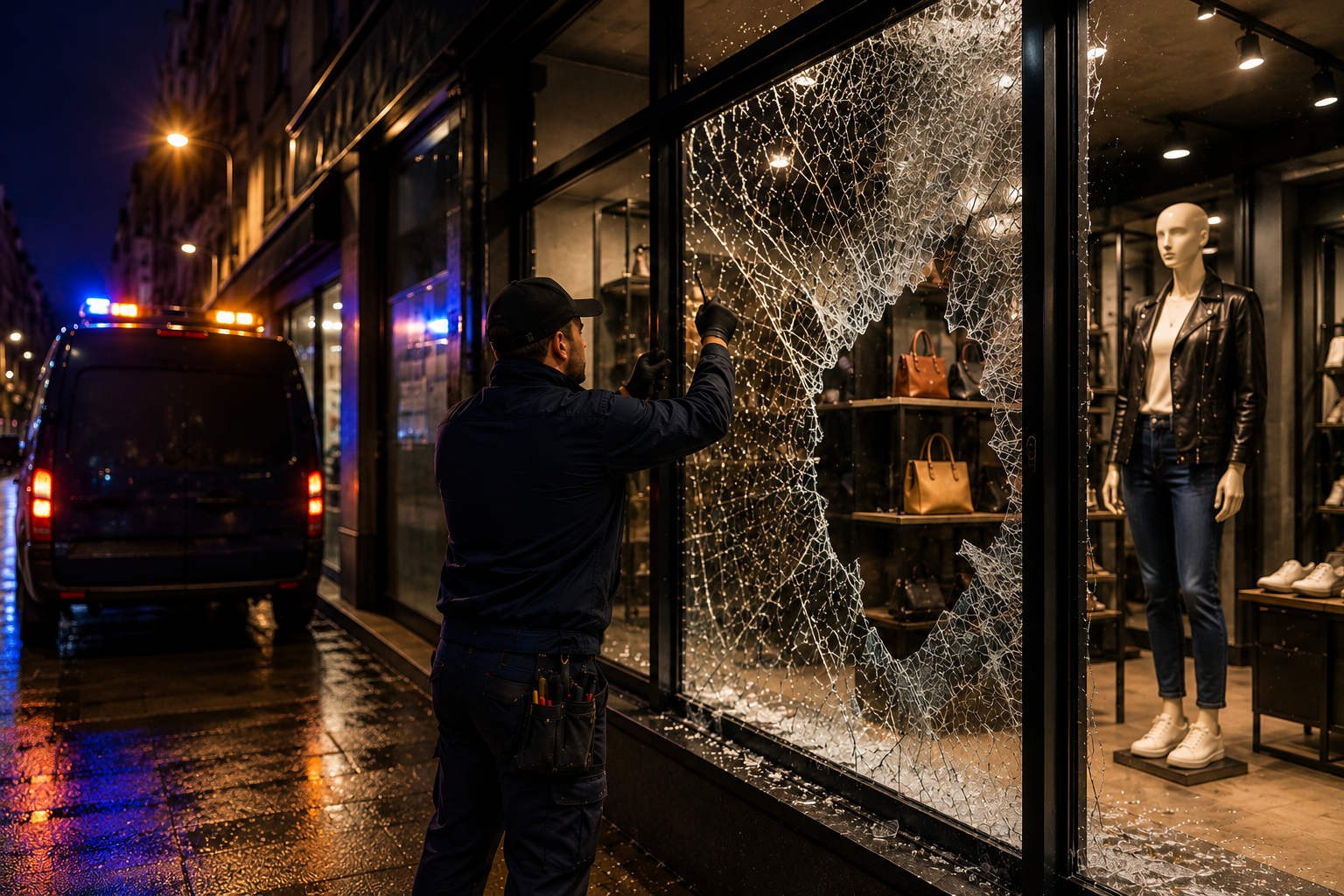 Intervention d'urgence sur une vitrine de magasin cassée à Paris