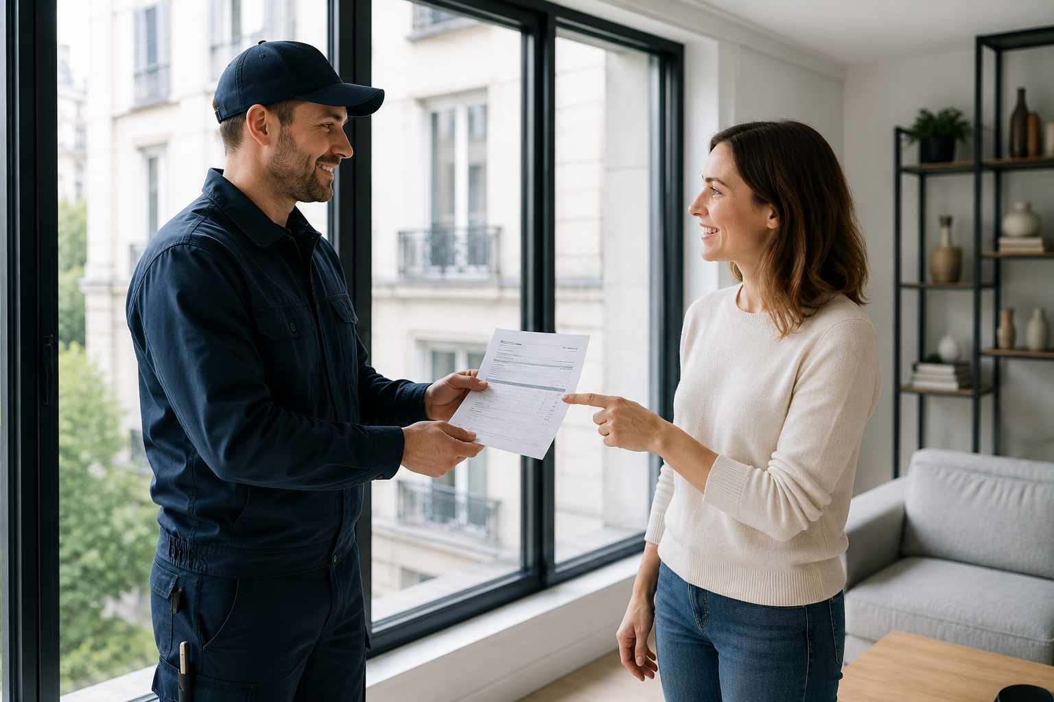 Vitrier remettant un devis à une cliente après le remplacement d’une vitre cassée dans un appartement à Paris