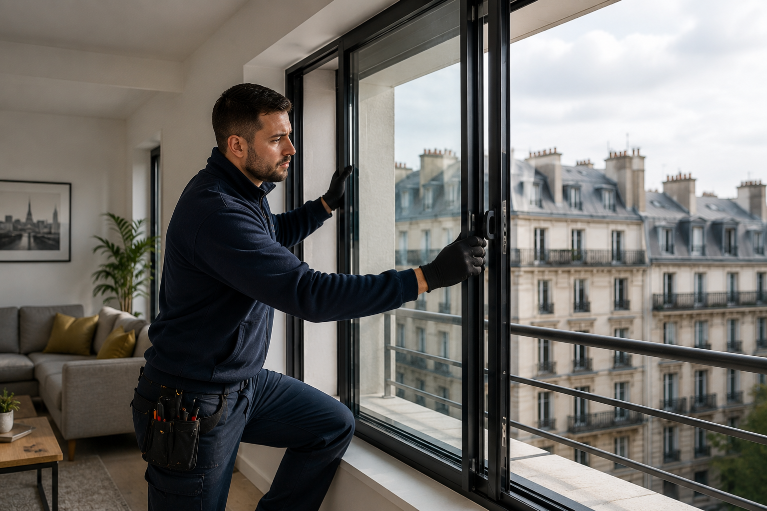 Vitrier remplaçant une vitre cassée dans un appartement moderne à Paris