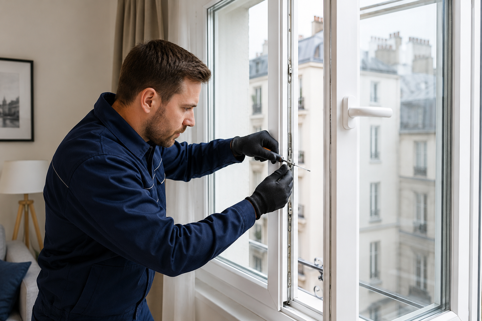 Technicien réparant une fenêtre PVC blanche dans un appartement à Paris