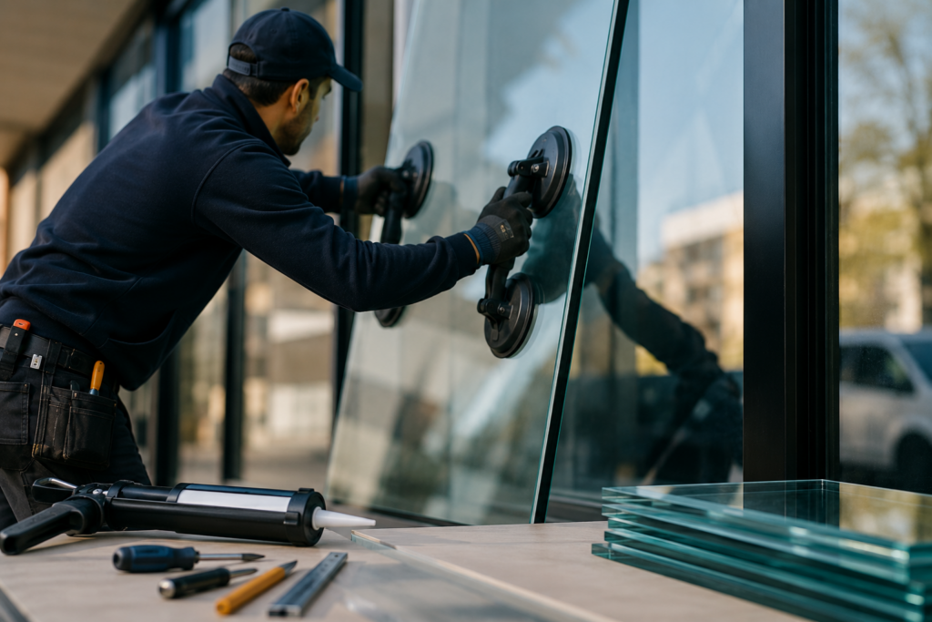 tarifs-vitrier-paris-ile-de-france Vitrier professionnel installant une grande vitre avec ventouses de manutention
